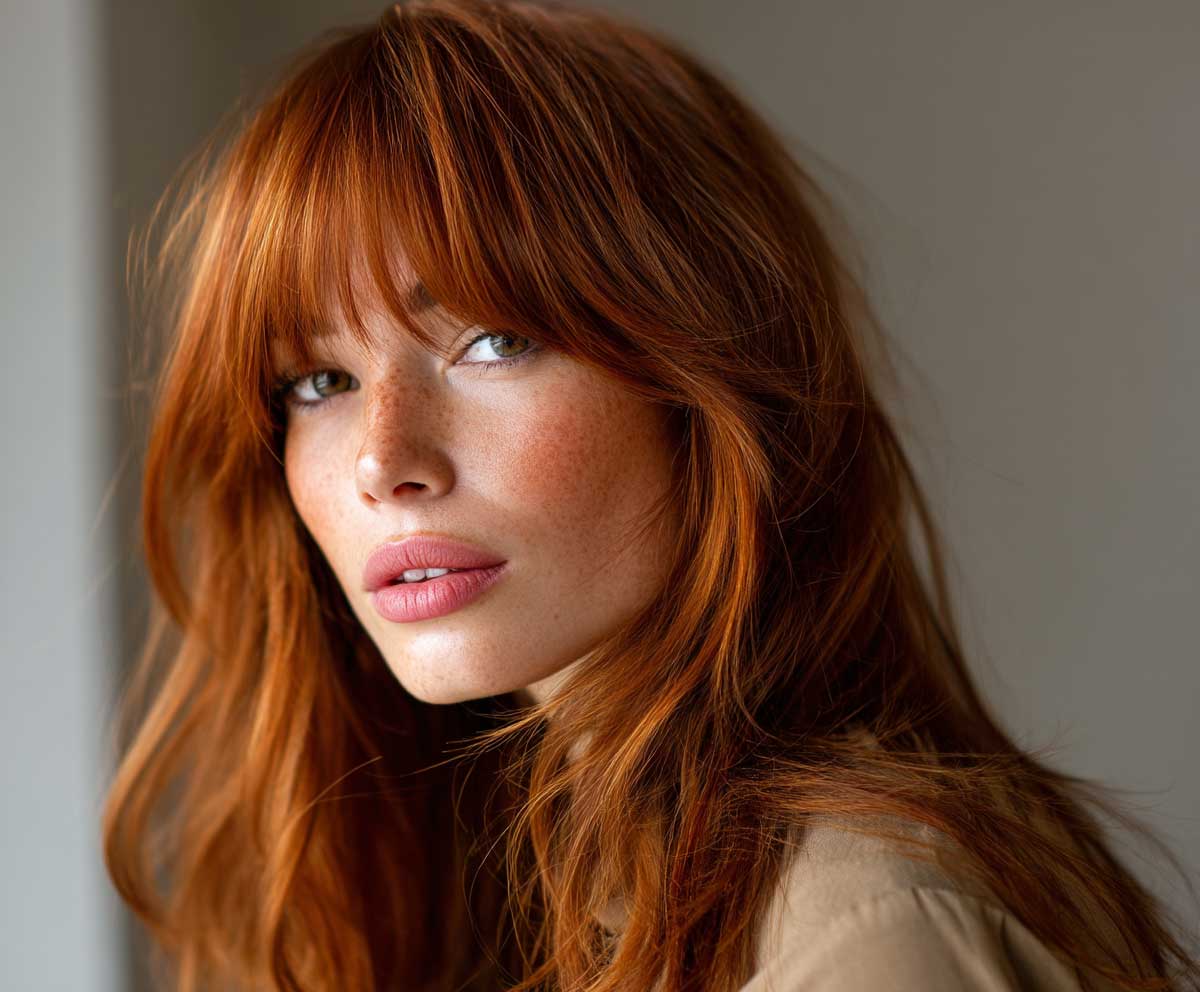 beauty close-up of a woman with long bright copper hair in soft layers and wispy curtain bangs, warm natural lighting, glossy texture, subtle face framing, fashion portrait