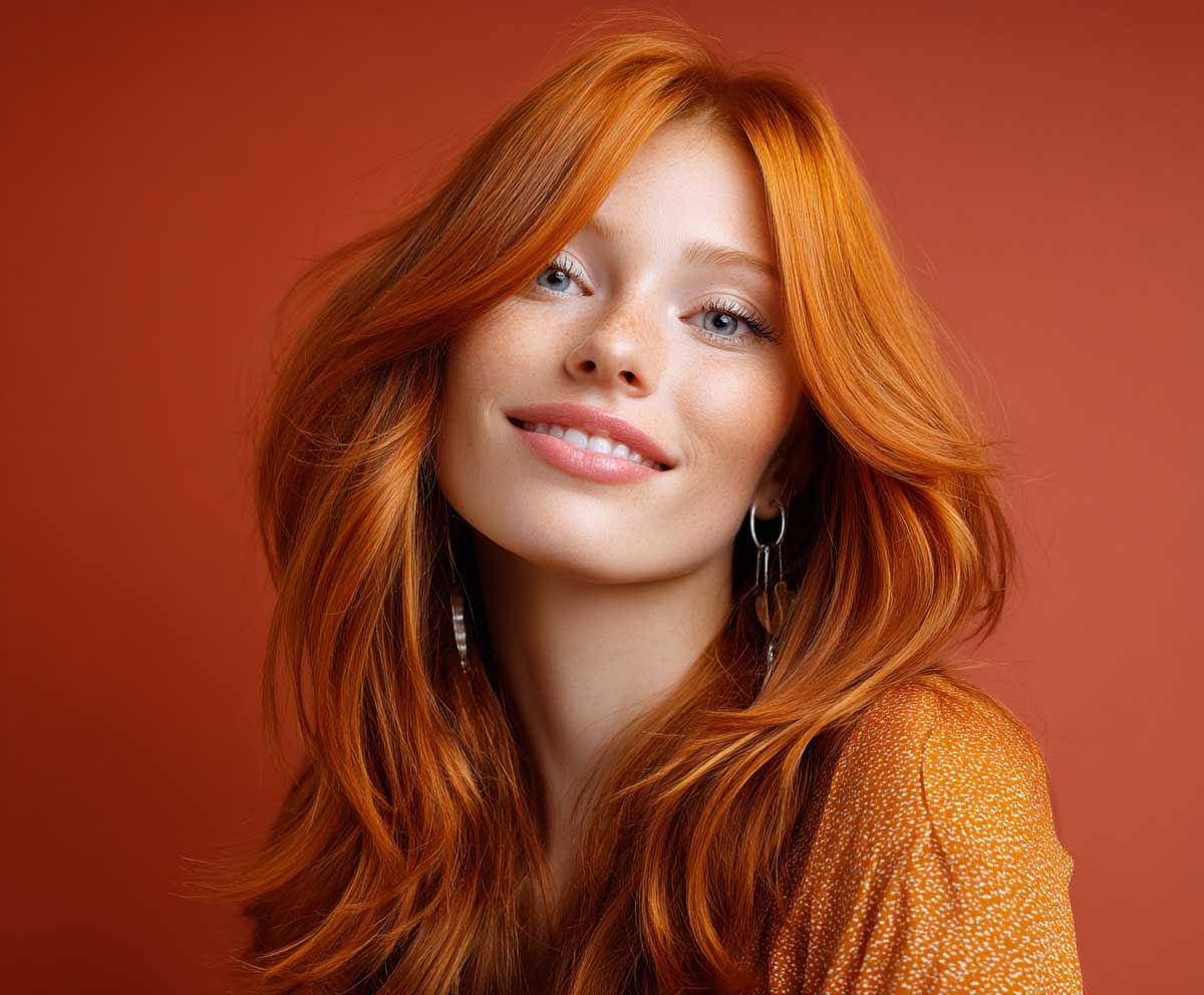 close-up beauty portrait of a woman with long citrus orange hair, layered with playful flipped out ends, cheerful expression, sun-kissed lighting, vivid hair shine, textured background, casual glam styling