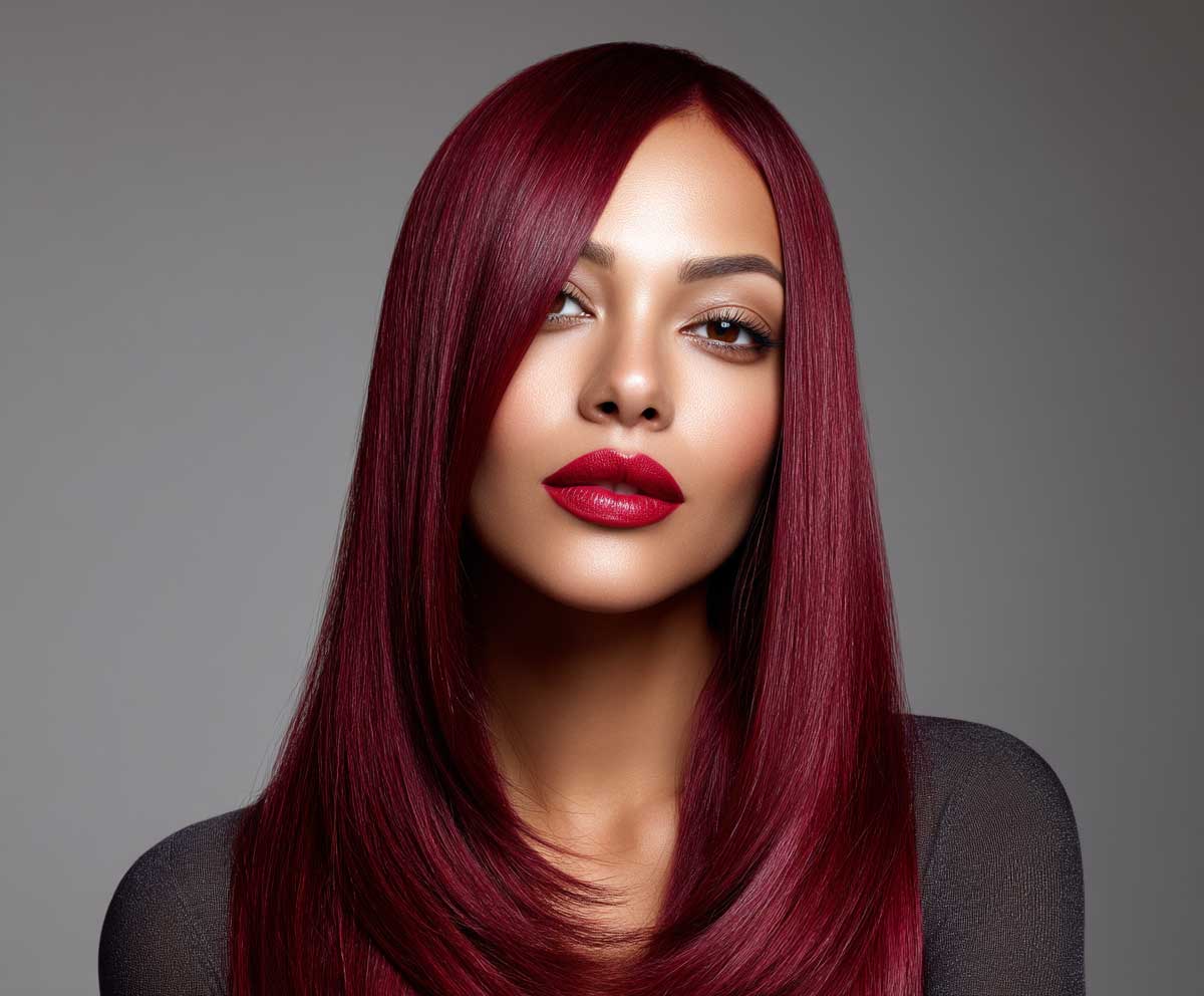 beauty studio closeup of a woman with long layered straight hair in vibrant cherry red, sleek texture, glossy finish, V-shaped layers, heart face shape, bold red lip, smooth background, soft front lighting