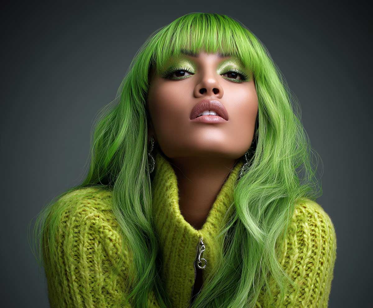 vibrant fashion shoot of a woman with neon green long layered hair and thick voluminous curtain bangs, glowing light effects, edgy glam makeup, wind-blown texture, high-contrast background