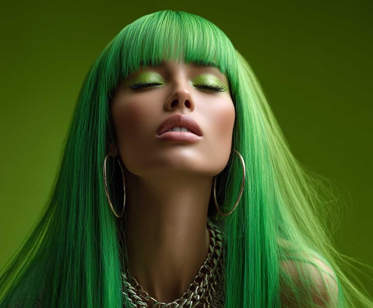 vibrant fashion shoot of a woman with neon green long layered hair and thick voluminous curtain bangs, glowing light effects, edgy glam makeup, wind-blown texture, high-contrast background