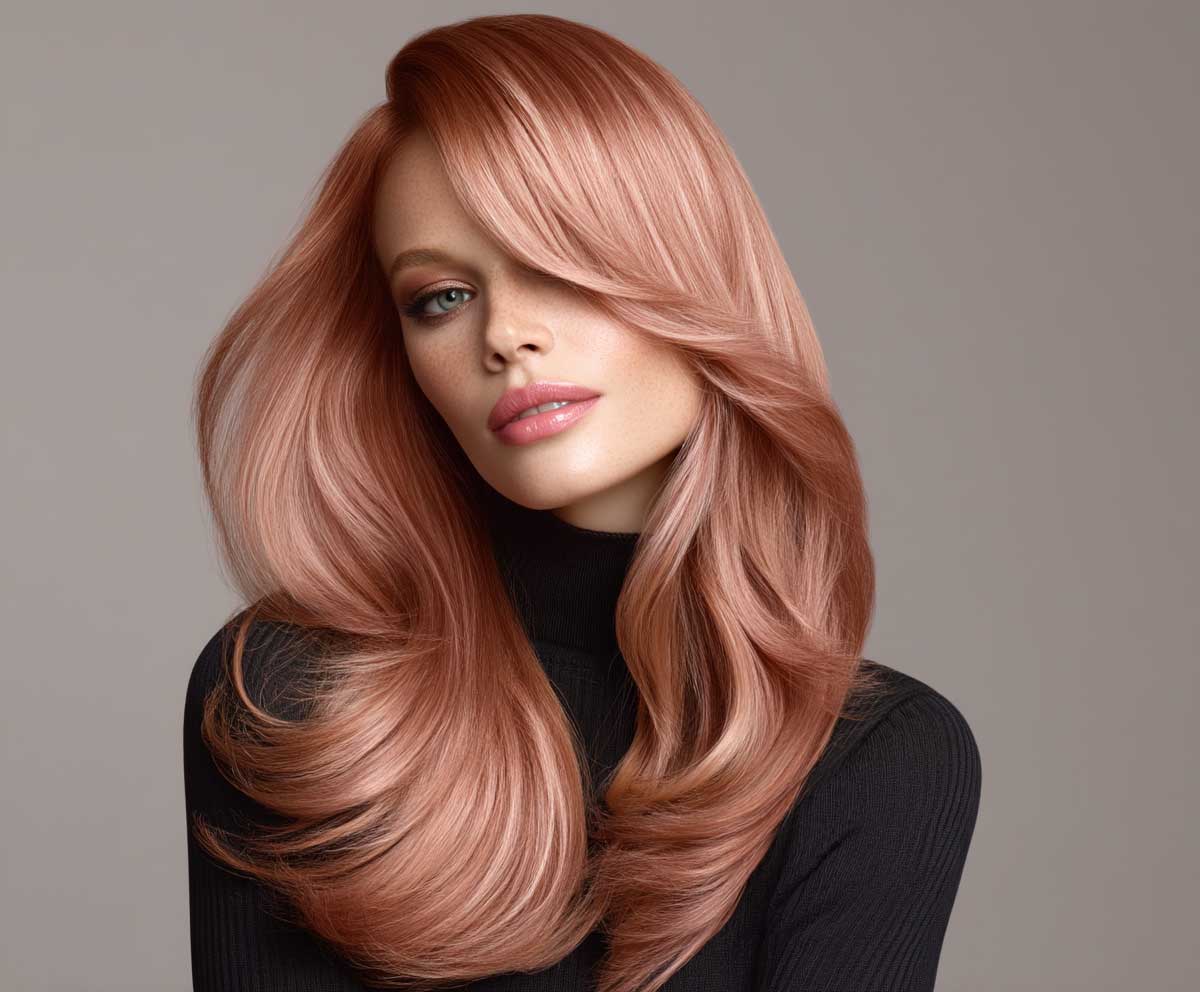 fashion studio portrait of a woman with long rose gold hair, layered and softly flicked at the ends, deep side part, elegant waves, luminous lighting, glowing skin, professional clean background