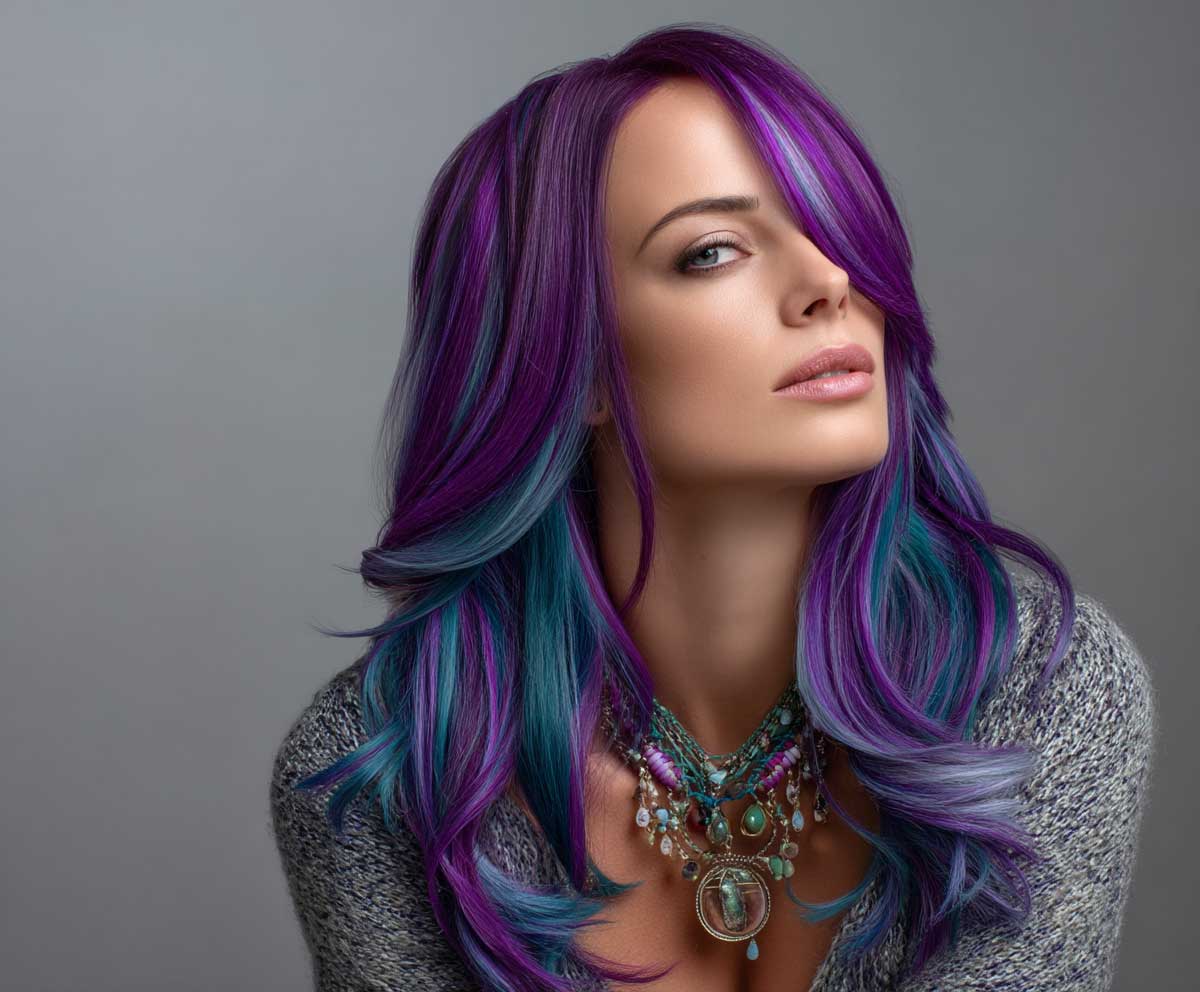 studio portrait of a woman with long electric purple hair in feathered layers, bold vivid color, layered around the jawline, flowing smooth strands, artistic backlight, edgy fashion vibe, beauty shot