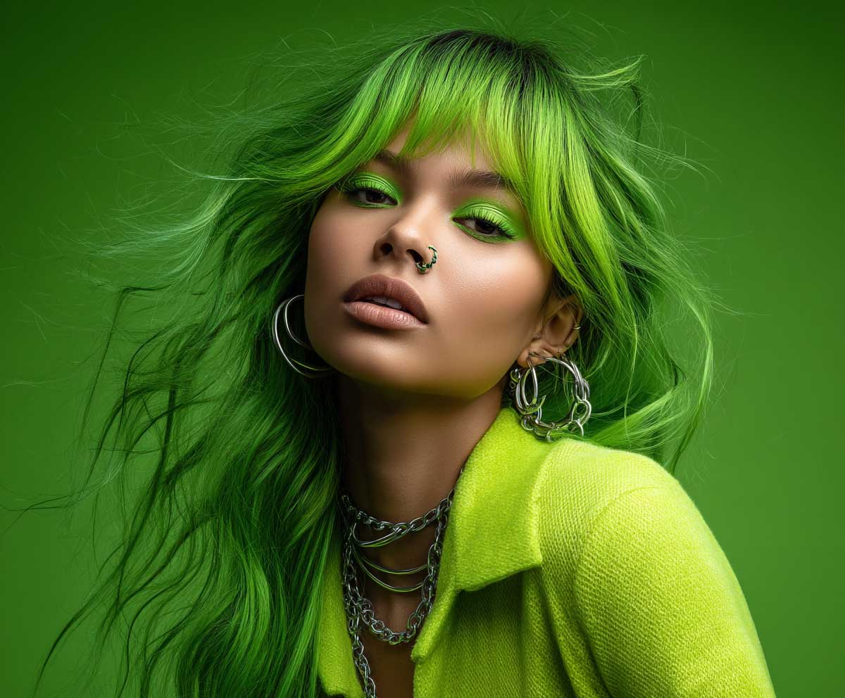 vibrant fashion shoot of a woman with neon green long layered hair and thick voluminous curtain bangs, glowing light effects, edgy glam makeup, wind-blown texture, high-contrast background