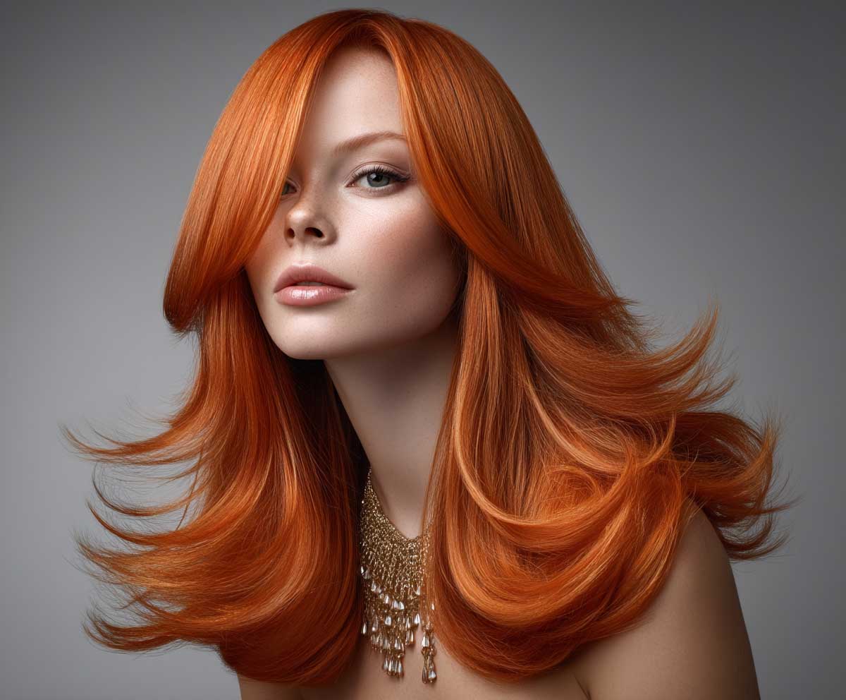 close-up studio fashion shot of a woman with long flaming tangerine layered hair, feathered ends cascading over shoulders, high saturation color, silky texture, beauty editorial, subtle motion in strands