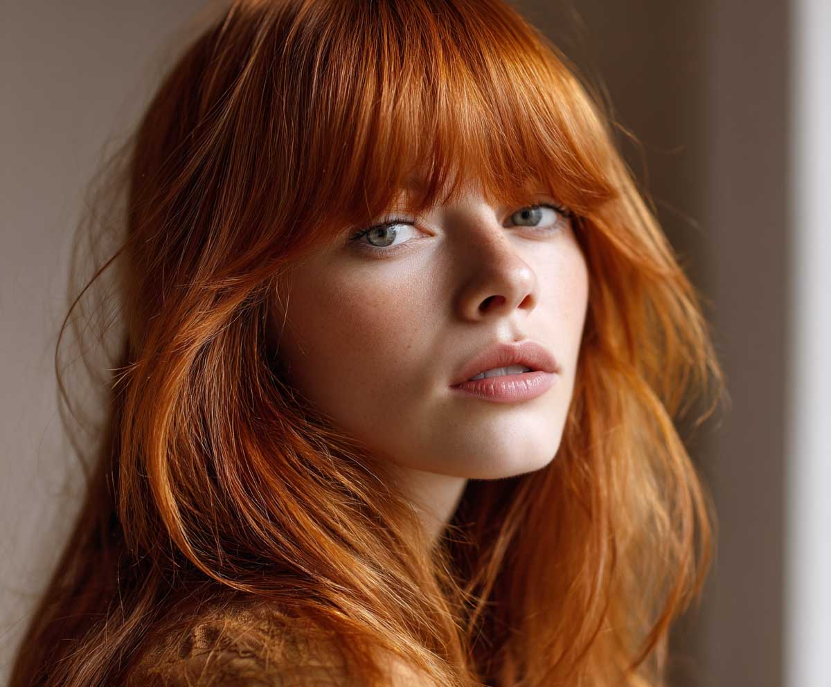 beauty close-up of a woman with long bright copper hair in soft layers and wispy curtain bangs, warm natural lighting, glossy texture, subtle face framing, fashion portrait