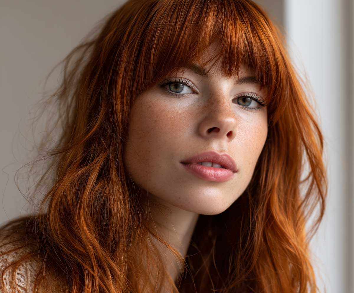 beauty close-up of a woman with long bright copper hair in soft layers and wispy curtain bangs, warm natural lighting, glossy texture, subtle face framing, fashion portrait