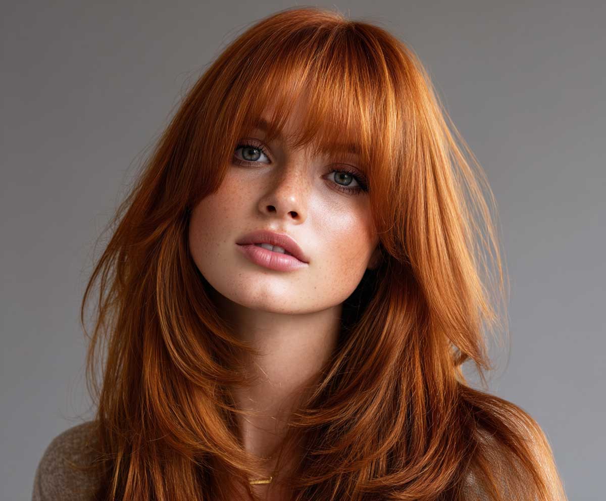 beauty close-up of a woman with long bright copper hair in soft layers and wispy curtain bangs, warm natural lighting, glossy texture, subtle face framing, fashion portrait