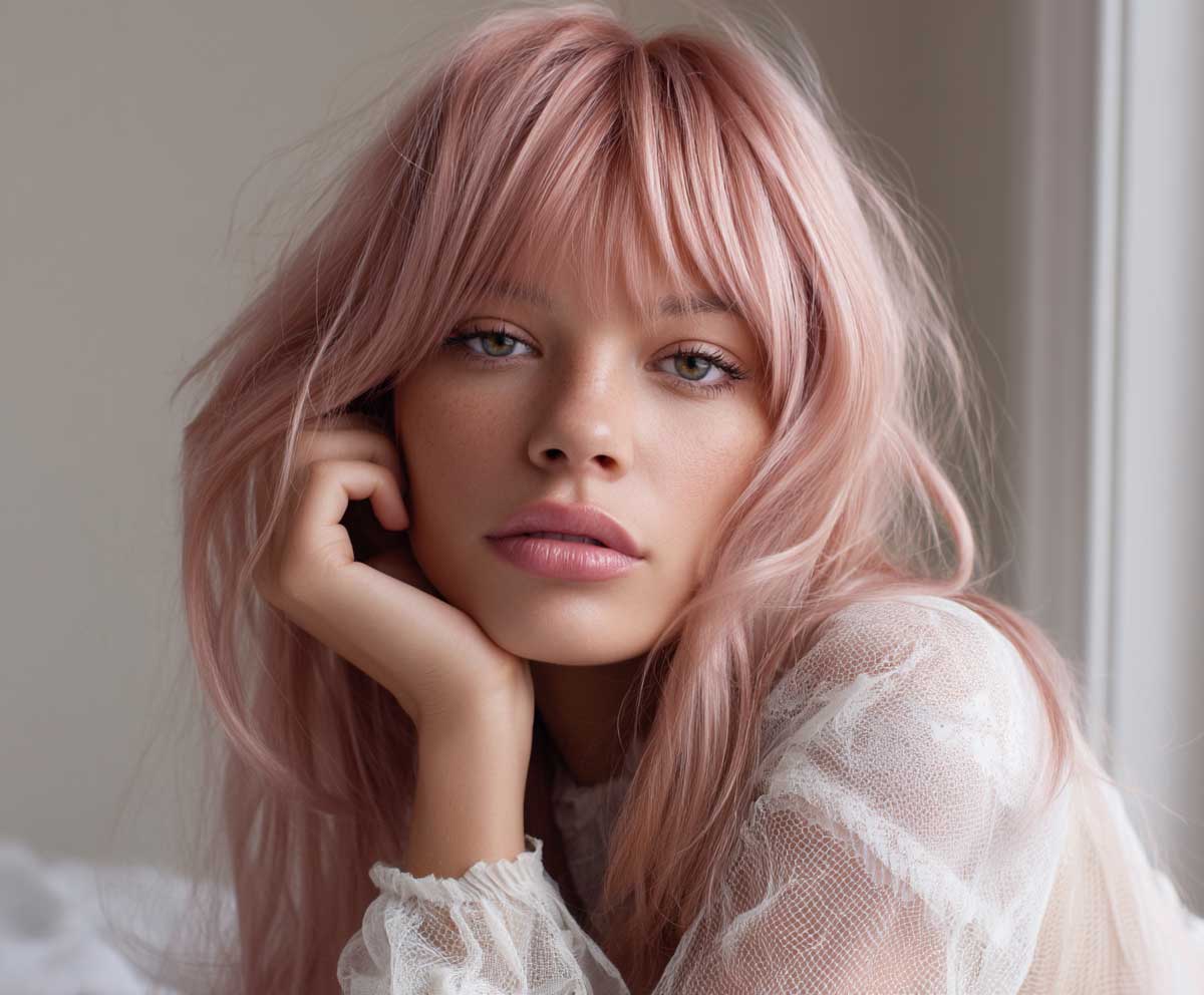 soft studio portrait of a woman with long pastel pink layered hair and curtain bangs, gentle flowing strands, romantic lighting, feminine features, parted bangs framing cheeks, fashion editorial look