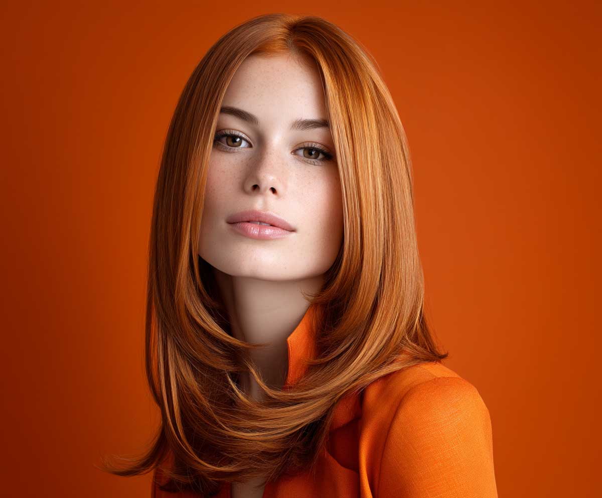 fashion editorial portrait of a woman with long layered sleek straight hair in bright sunset orange, round face shape, smooth layers cascading around the cheeks, warm lighting, studio background, clean sharp styling