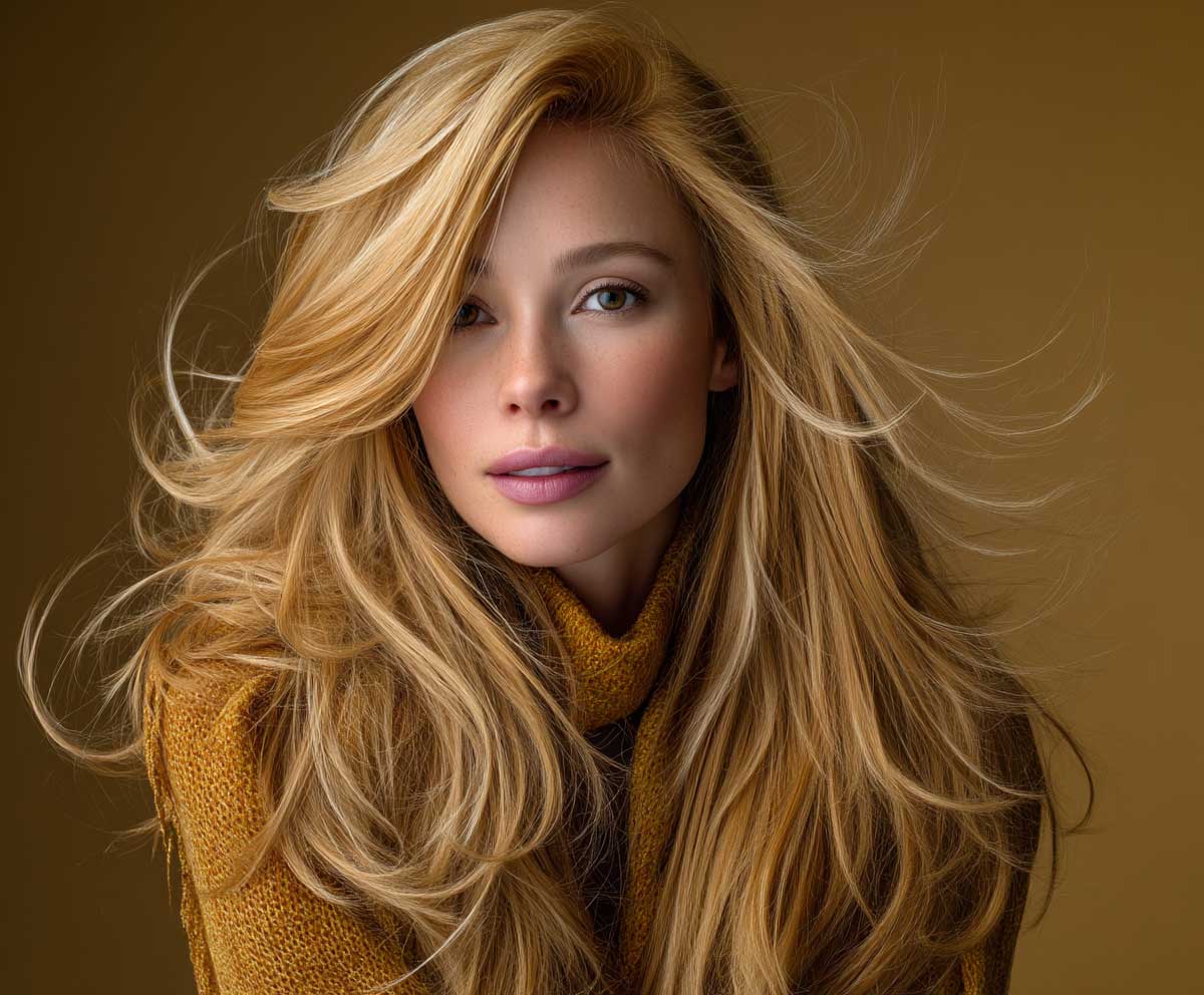 editorial fashion photo of a woman with long golden yellow feathered layered hair, soft flowing strands, side-swept volume, face-framing texture, glowing warm lighting, wind effect, beauty close-up, professional studio