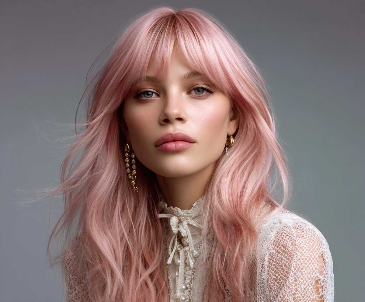 soft studio portrait of a woman with long pastel pink layered hair and curtain bangs, gentle flowing strands, romantic lighting, feminine features, parted bangs framing cheeks, fashion editorial look