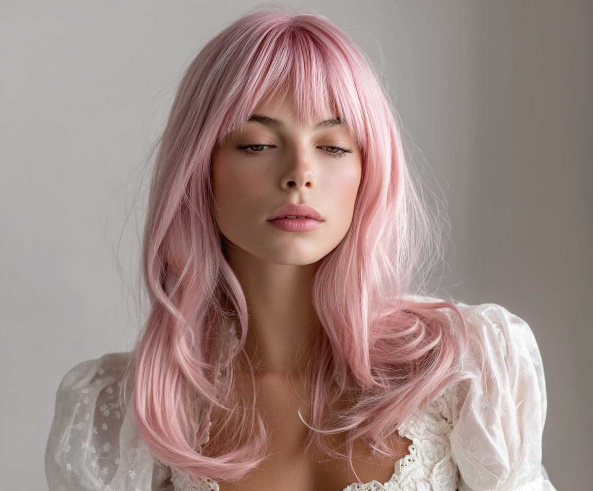 soft studio portrait of a woman with long pastel pink layered hair and curtain bangs, gentle flowing strands, romantic lighting, feminine features, parted bangs framing cheeks, fashion editorial look