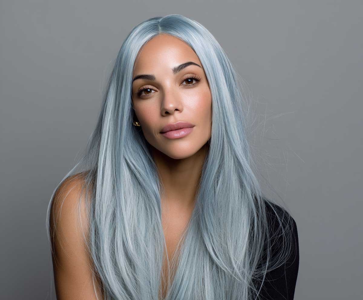 editorial headshot of a woman with long sky blue layered hair, straight strands with outward flicked ends, center part, glowing lighting, minimal makeup, soft breeze effect, clean studio environment