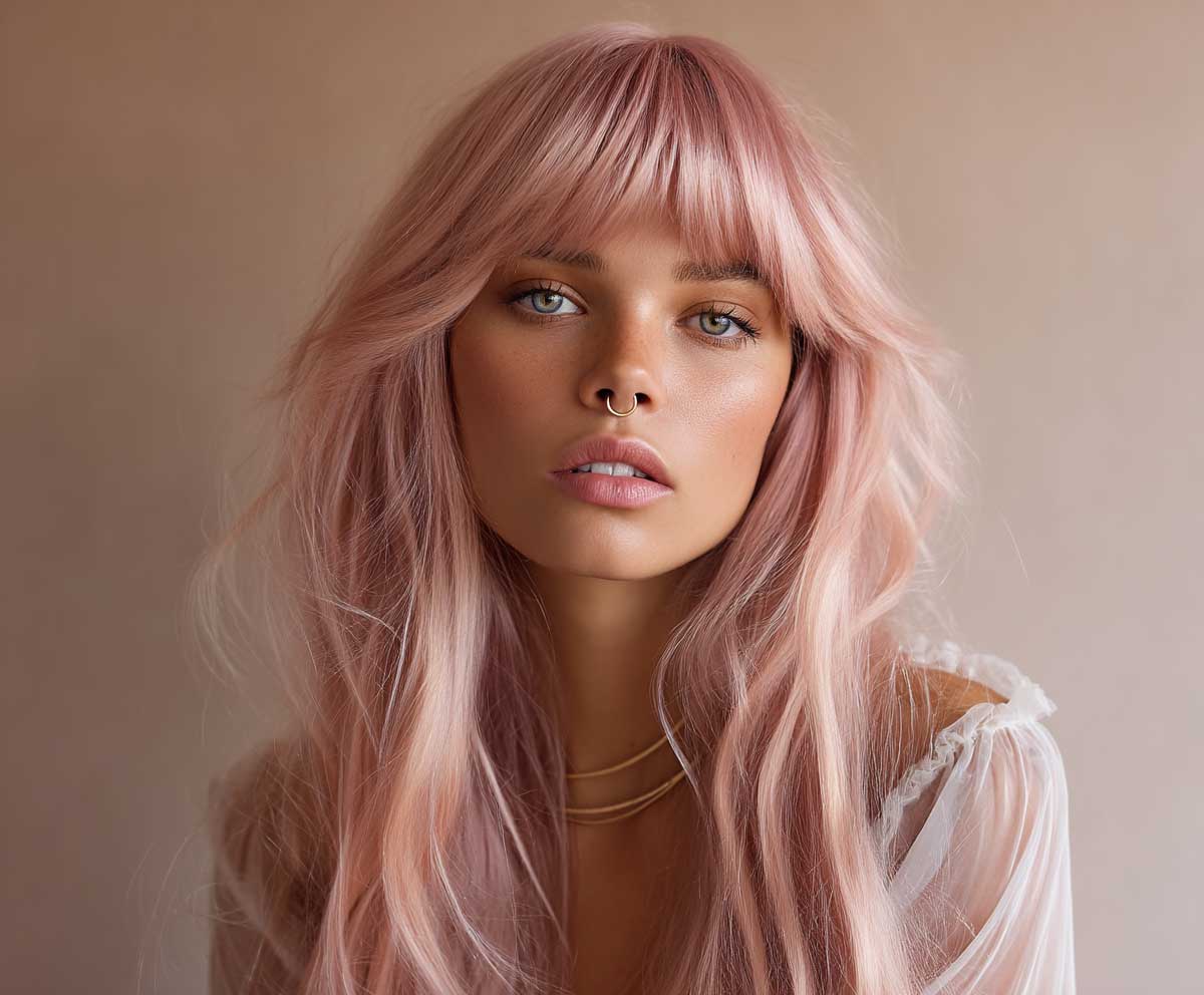 soft studio portrait of a woman with long pastel pink layered hair and curtain bangs, gentle flowing strands, romantic lighting, feminine features, parted bangs framing cheeks, fashion editorial look
