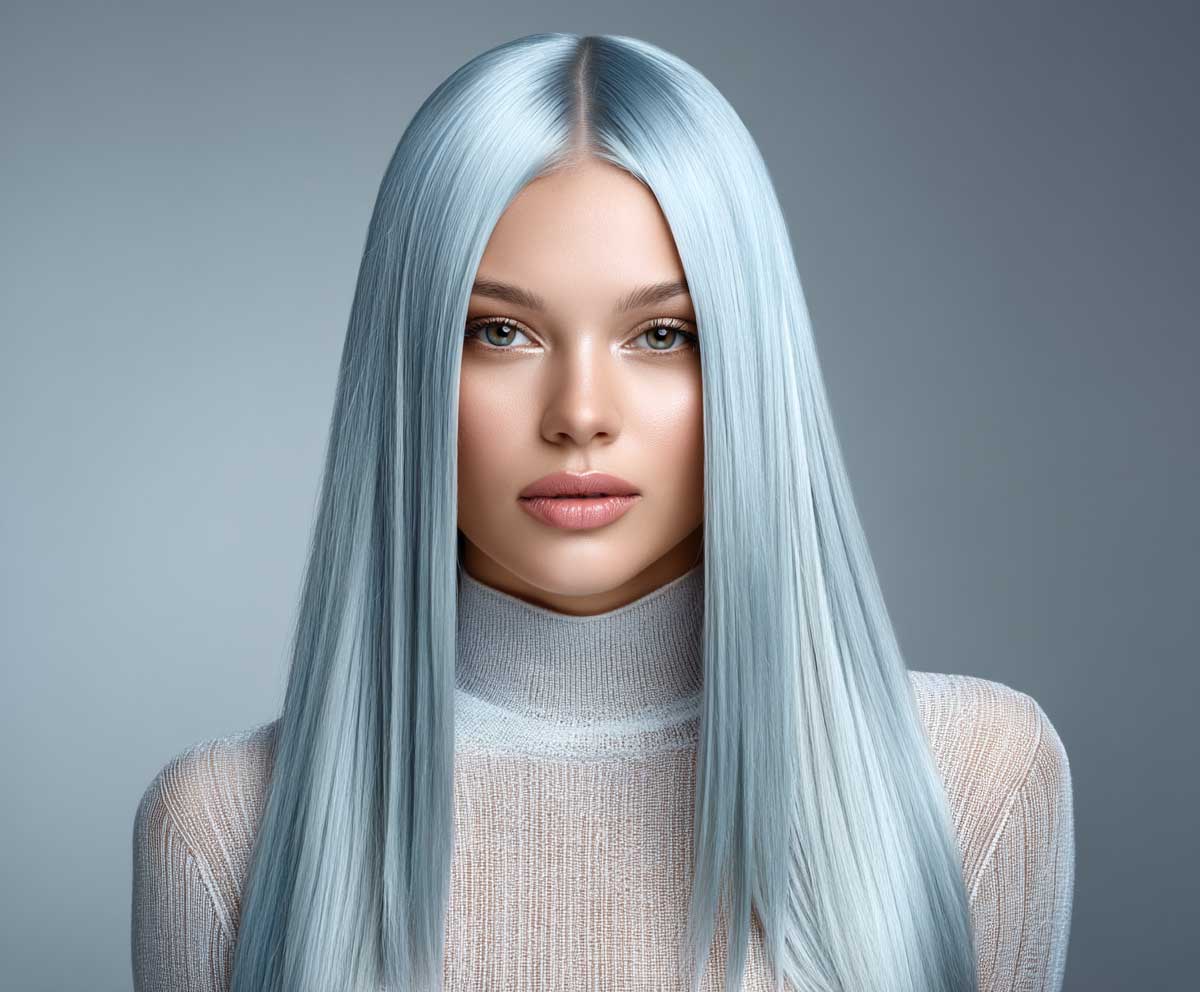studio beauty portrait of a woman with icy blue straight long layered hair, sleek shine, diamond face shape, natural makeup, hair parted in the middle, professional lighting, high-resolution, fashion editorial