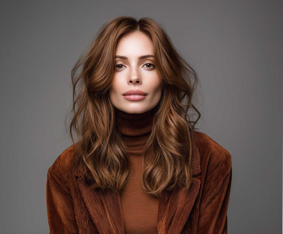 studio portrait of a stylish woman with long wavy hair in cinnamon brown, edgy choppy ends and textured modern layers, high-detail photo, trendy casual outfit, soft backlight, light makeup

