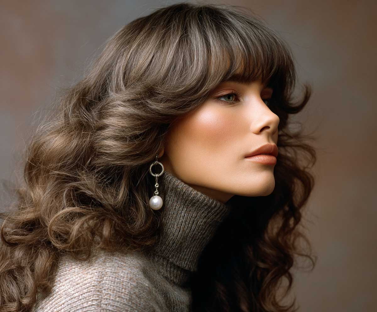 high-quality close-up of a model with long wavy hair in ash brown, feathered side swept bangs, muted retro colors, subtle makeup, textured hairstyle, fashion from the 1980s, analog photography style