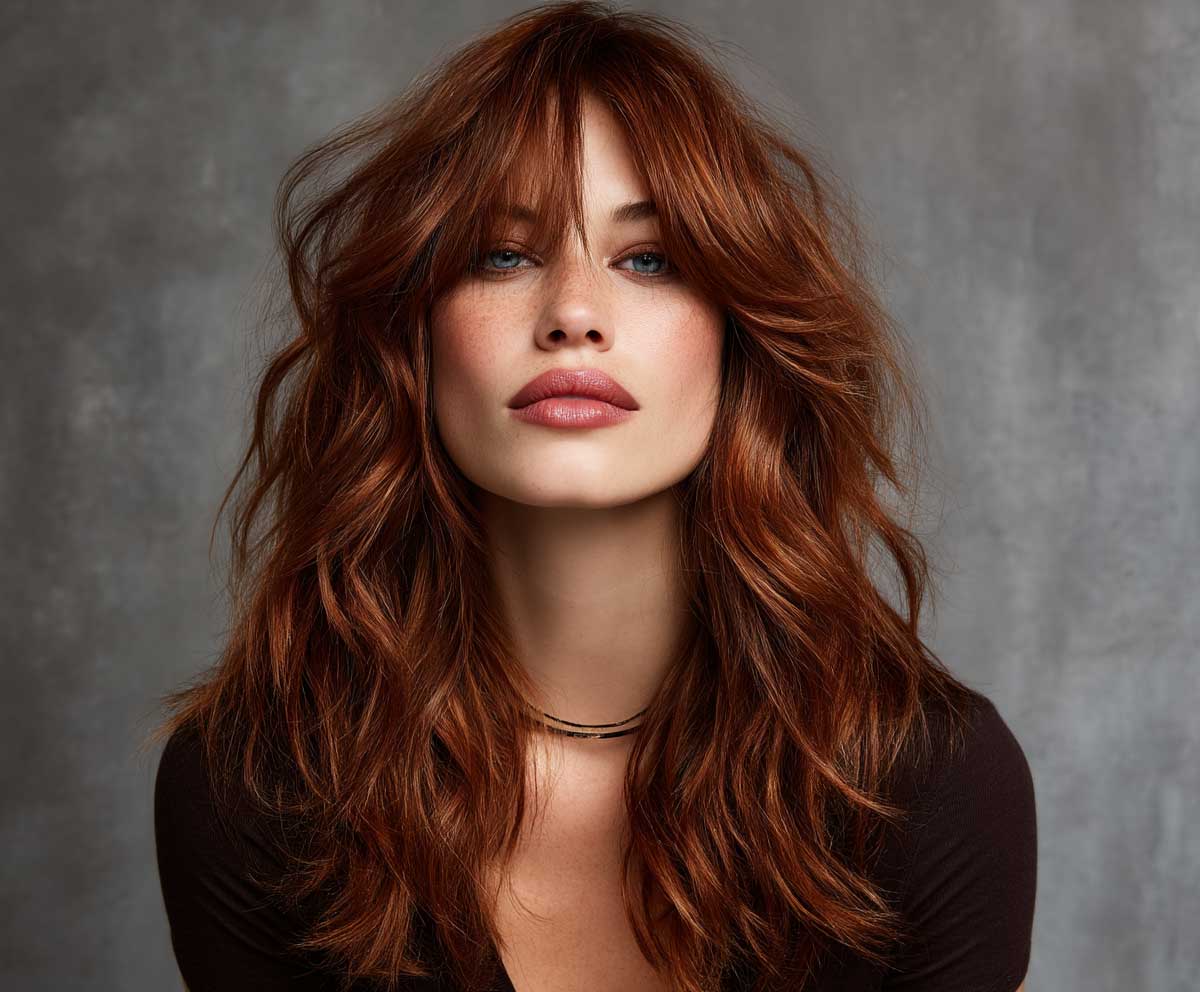 close-up of a confident woman with long wavy hair in deep auburn, tousled modern layers and feathered choppy ends, dramatic lighting, natural expression, textured background

