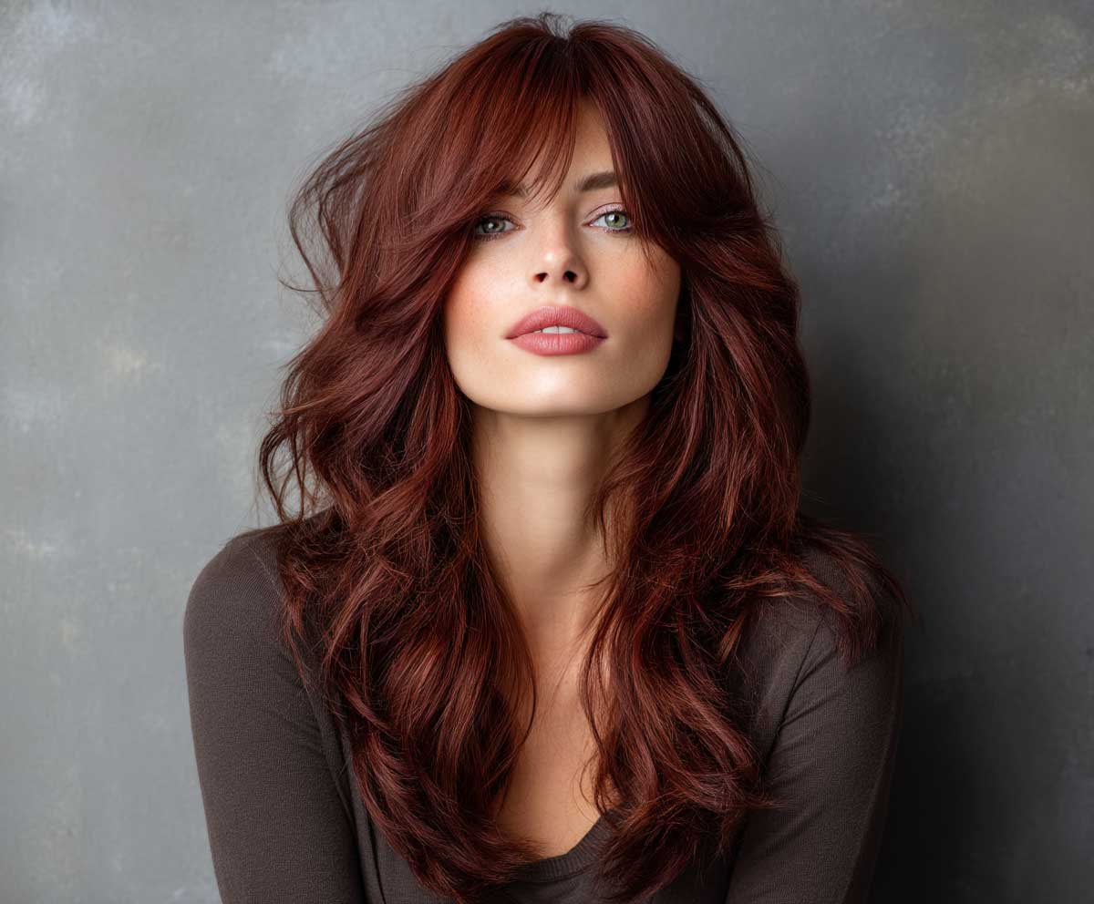close-up of a confident woman with long wavy hair in deep auburn, tousled modern layers and feathered choppy ends, dramatic lighting, natural expression, textured background


