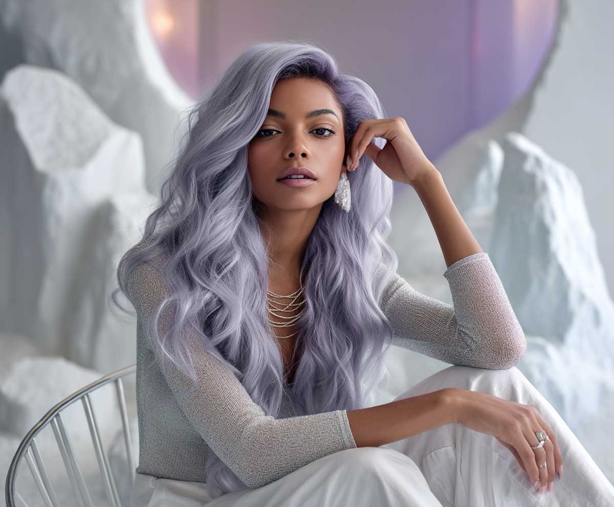 fashion shoot of a model with long wavy hair in icy lavender, voluminous modern layers and airy choppy ends, soft lighting, futuristic setting, youthful styling