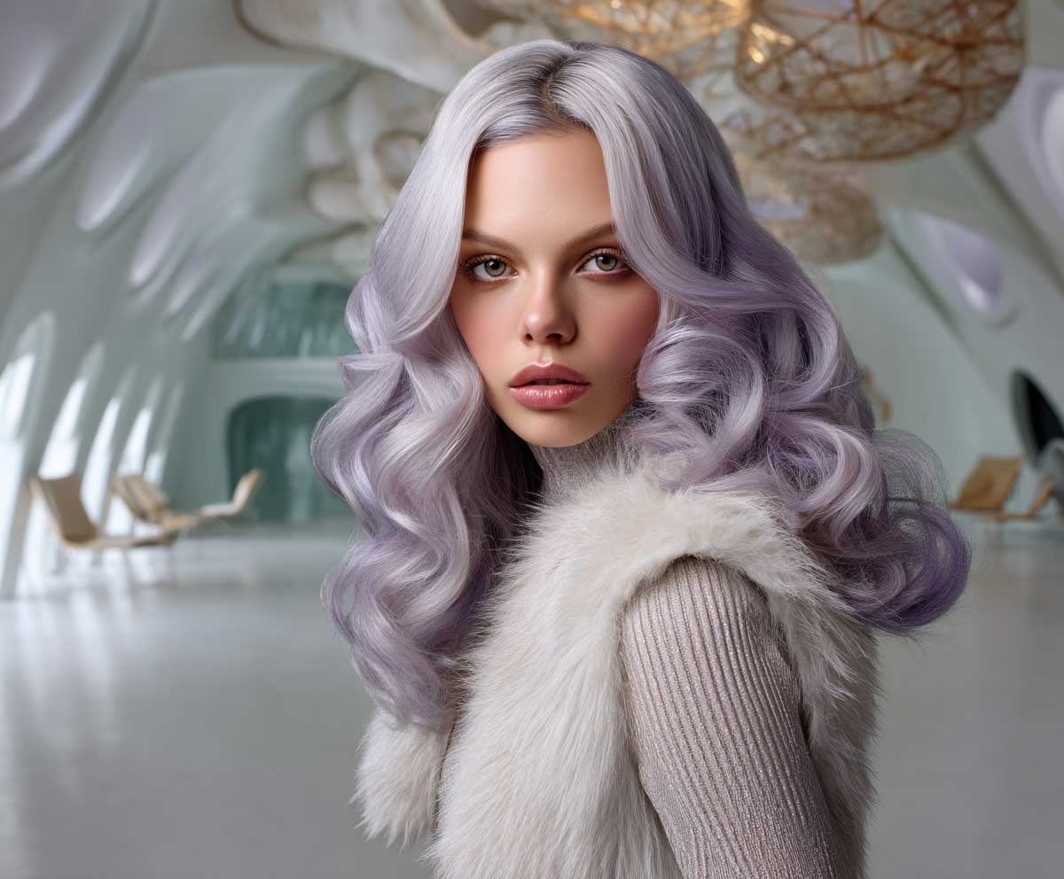 fashion shoot of a model with long wavy hair in icy lavender, voluminous modern layers and airy choppy ends, soft lighting, futuristic setting, youthful styling