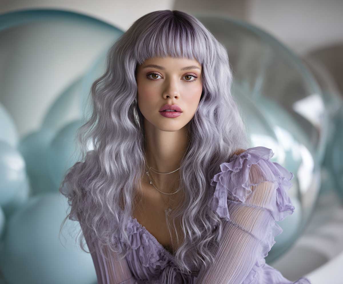 fashion shoot of a model with long wavy hair in icy lavender, voluminous modern layers and airy choppy ends, soft lighting, futuristic setting, youthful styling