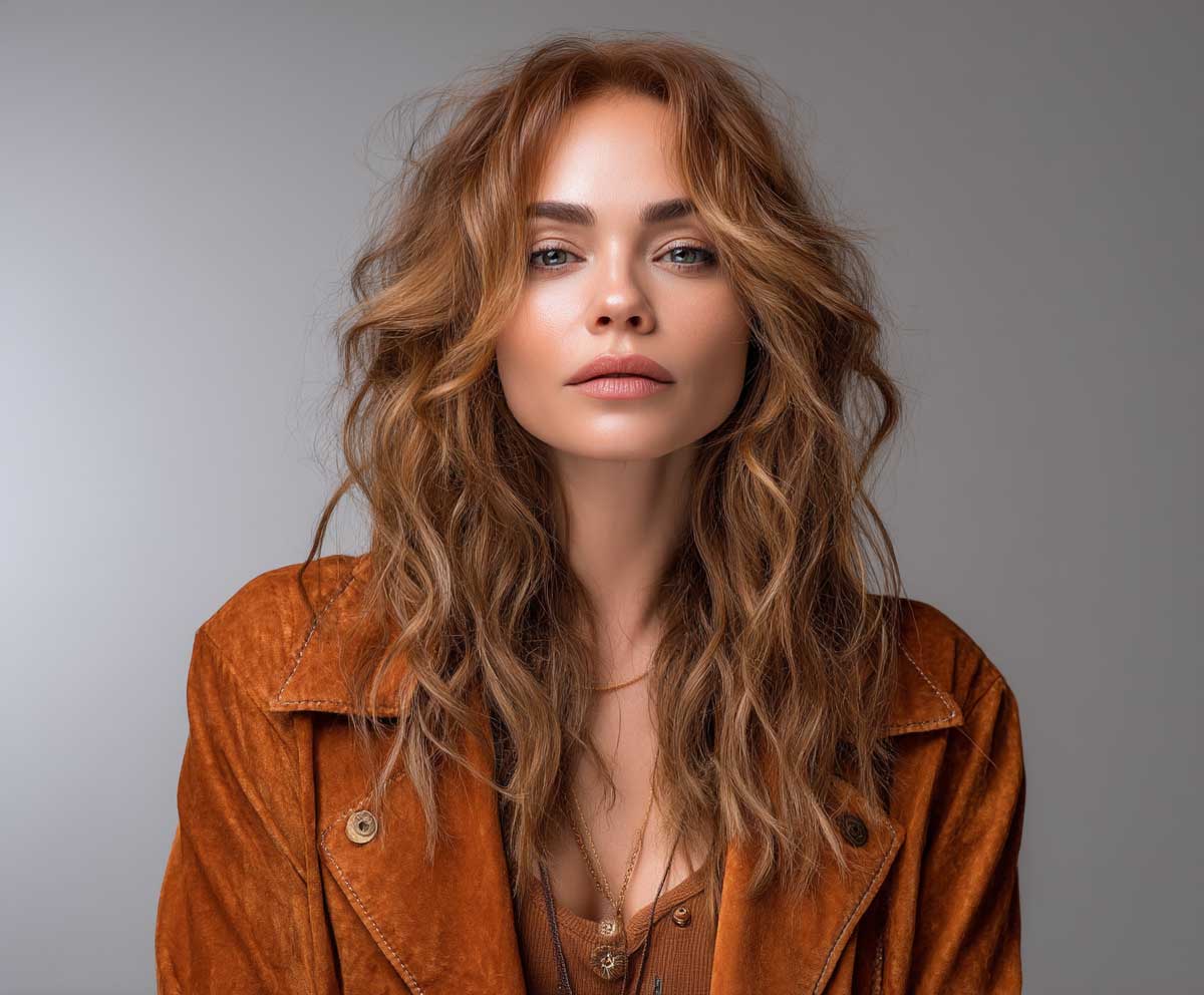studio portrait of a stylish woman with long wavy hair in cinnamon brown, edgy choppy ends and textured modern layers, high-detail photo, trendy casual outfit, soft backlight, light makeup

