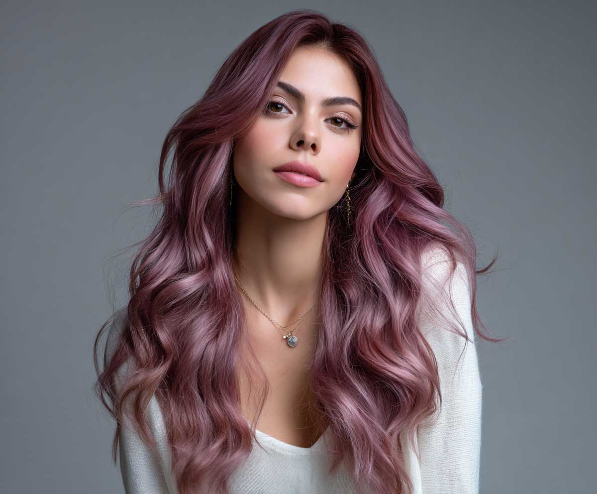 portrait of a woman with long wavy hair in mauve pink, sleek glassy roots transitioning to tousled waves, high-detail, soft lighting, artistic studio setup, natural expression