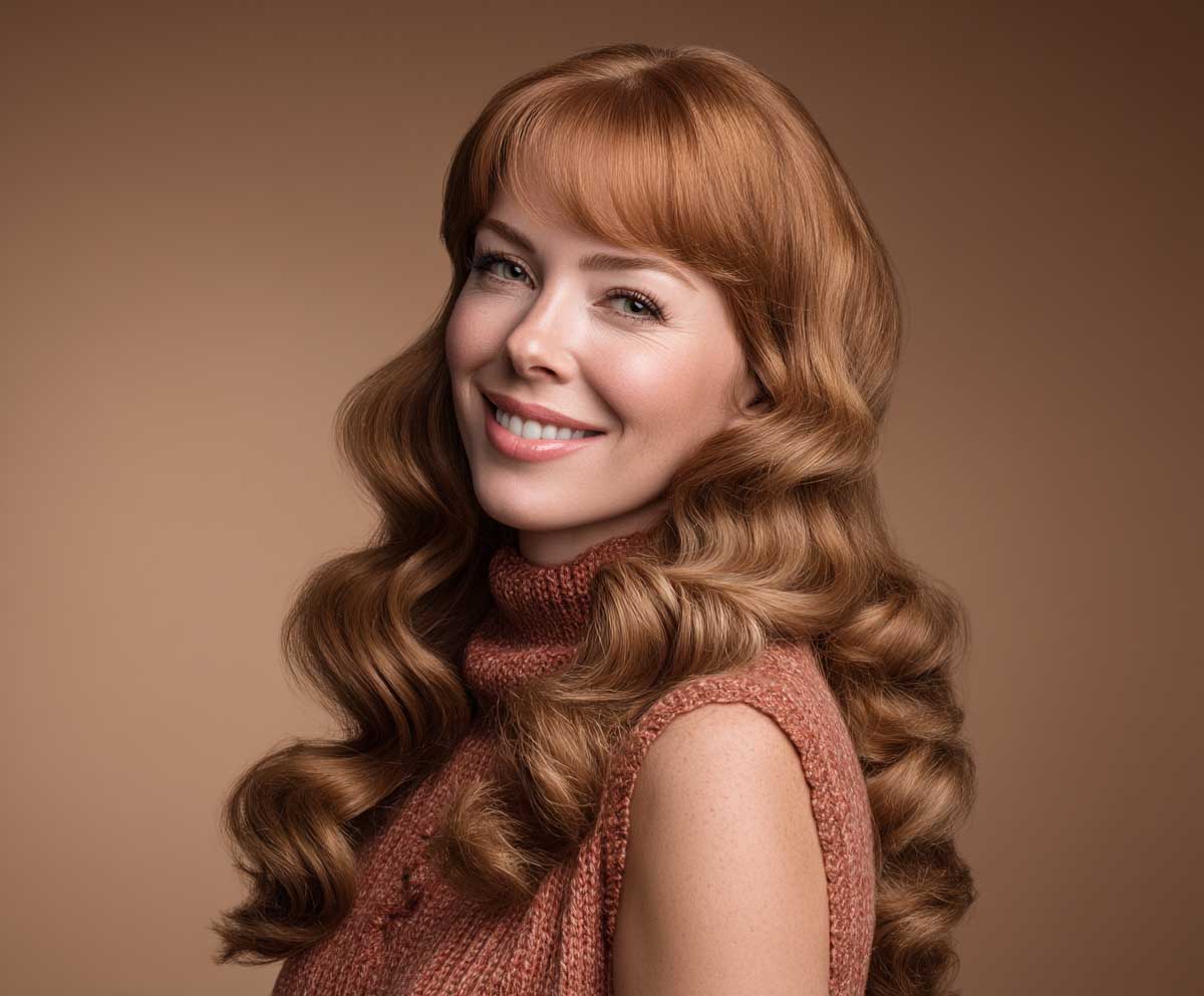 studio shot of a smiling woman with long wavy hair in strawberry blonde, voluminous waves and side swept bangs, 1970s retro theme, soft warm light, cinematic realism, vintage outfit, full-length fashion pose