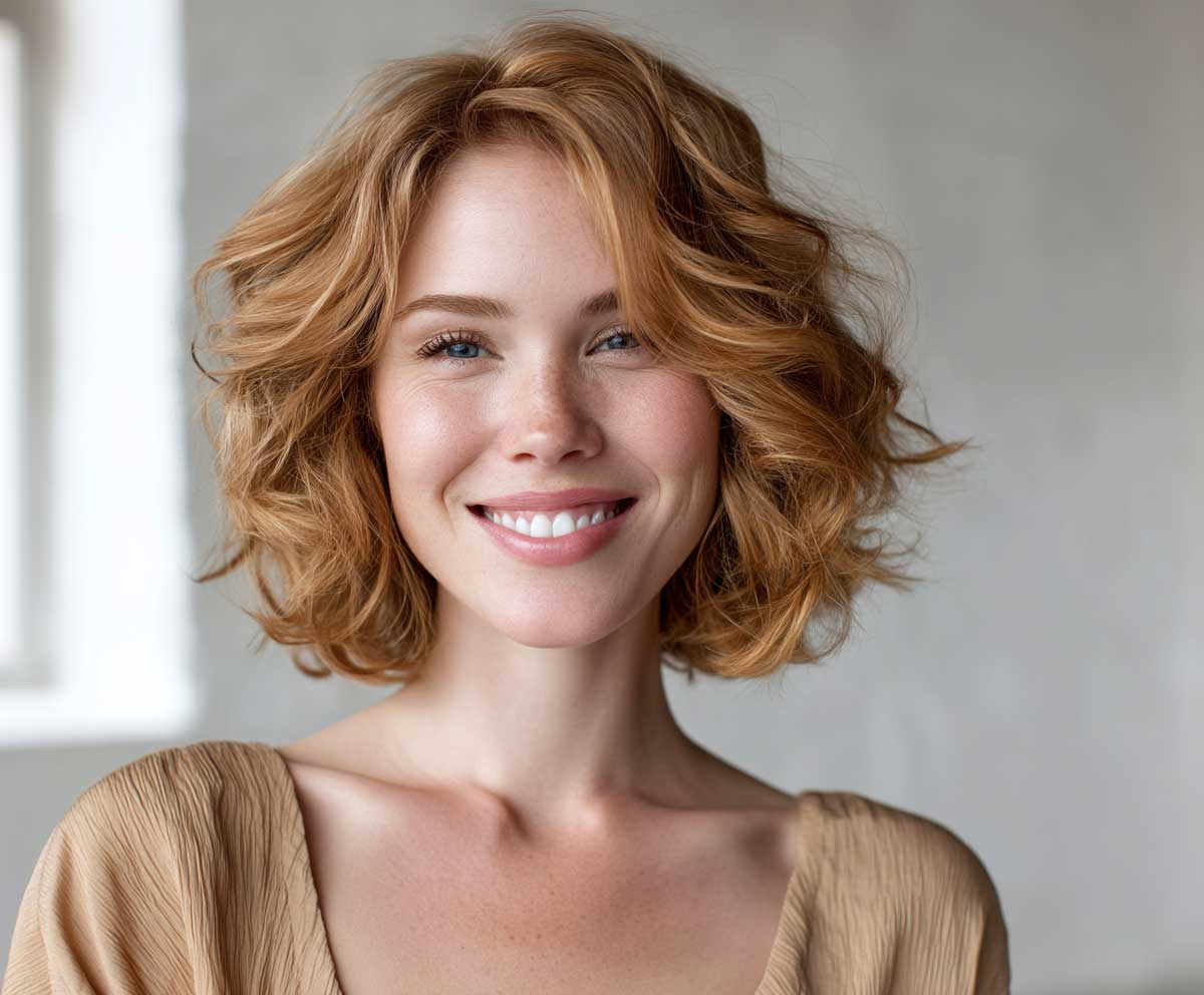 Smiling woman with apricot blonde chin-length bob, curled under softly, fine hair texture, healthy shine, layered outfit, soft shadows, airy daylight studio, medium close-up