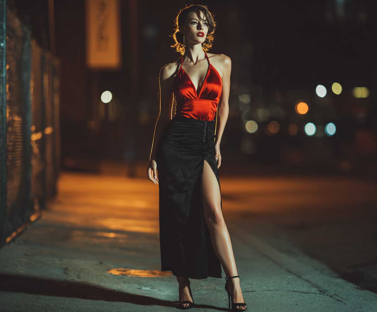 full-body shot of a confident woman wearing a red satin halter top and a sleek black skirt with a thigh-high slit, moody evening lighting, glossy heels, nighttime city street backdrop, soft shadows, minimal accessories