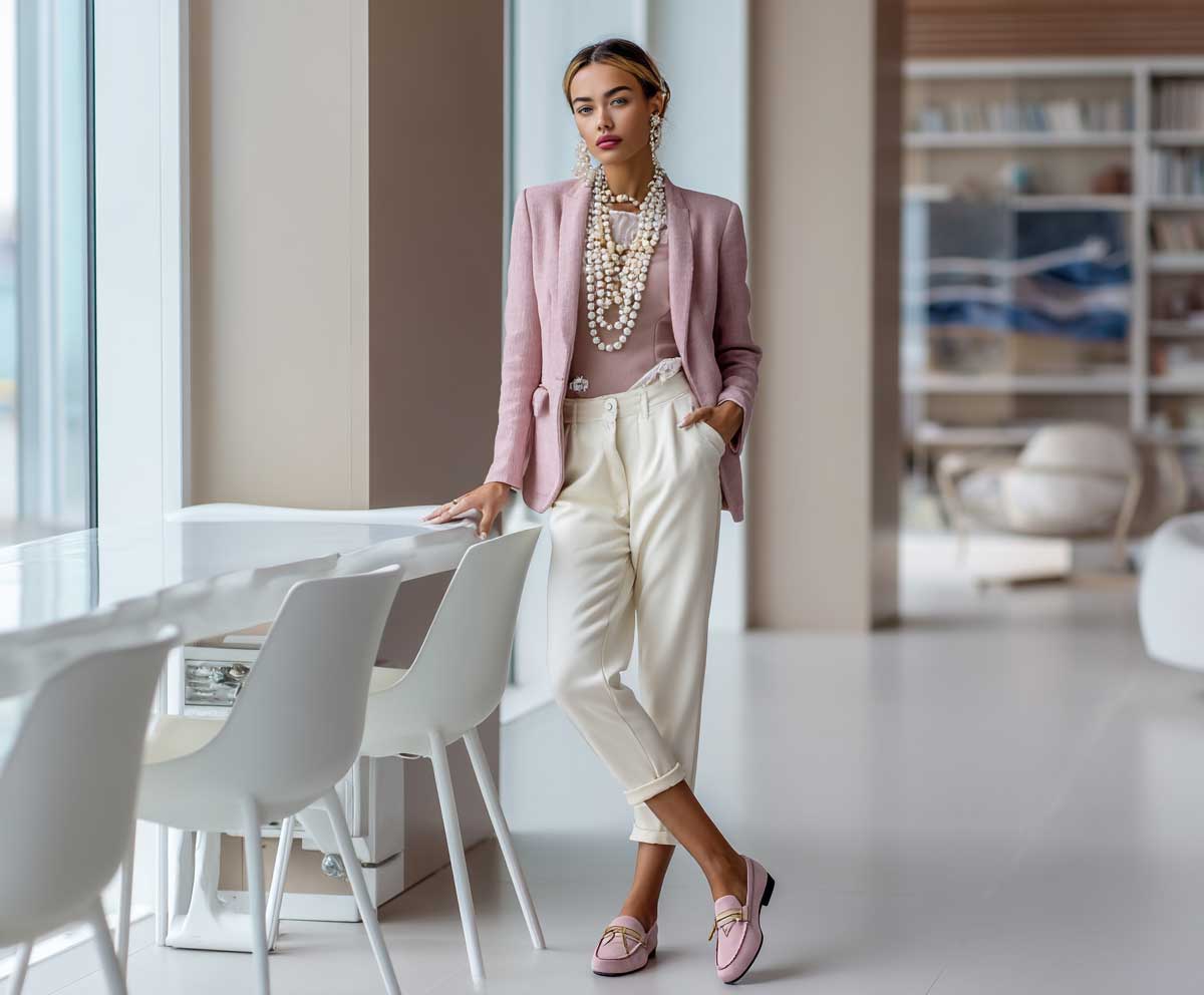 fashion portrait of a stylish woman wearing a pastel pink blazer with cream trousers, pink loafers, and a strand of pearls, standing by a modern office or library interior, soft natural light, elegant and classic