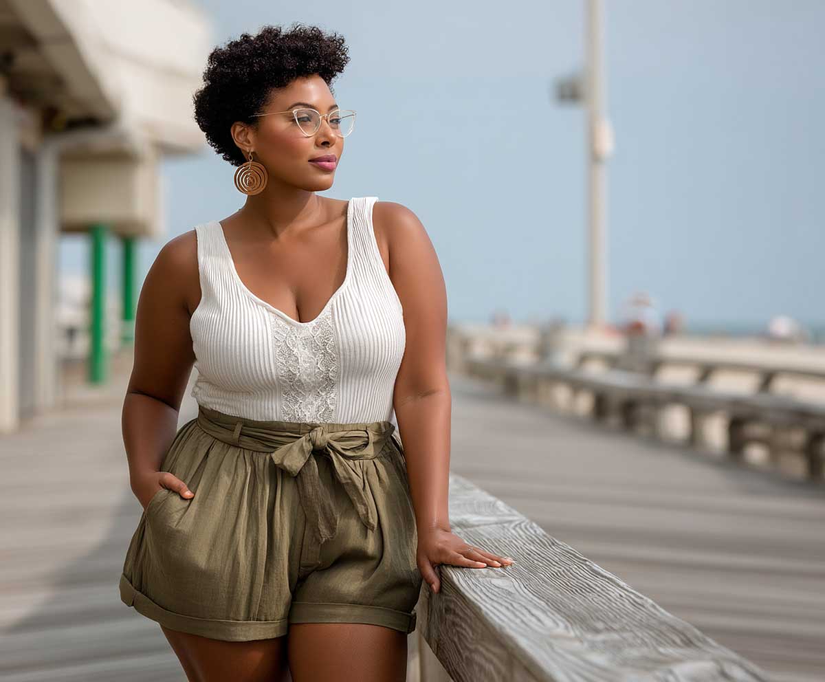 plus size woman in khaki paperbag shorts and a white ribbed tank top, standing near a coastal boardwalk, full body outfit, soft natural light, casual summer fashion, relaxed confident vibe