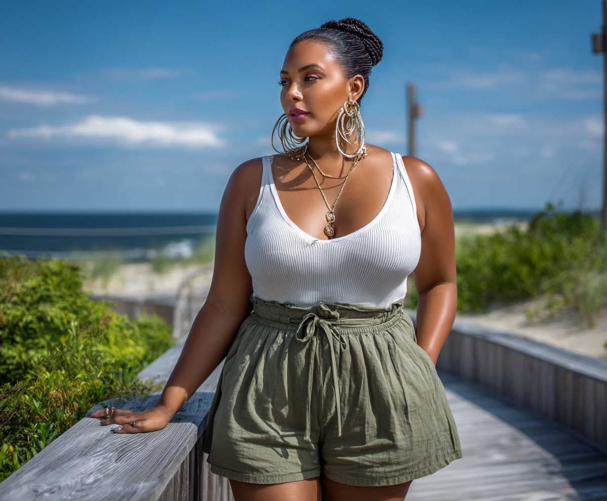 plus size woman in khaki paperbag shorts and a white ribbed tank top, standing near a coastal boardwalk, full body outfit, soft natural light, casual summer fashion, relaxed confident vibe