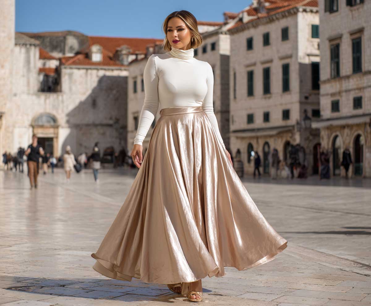 plus size woman in a champagne satin skirt and a cream turtleneck top, walking through a historic city square, soft sunlight, flowing fabric, full-length view, elegant modern outfit