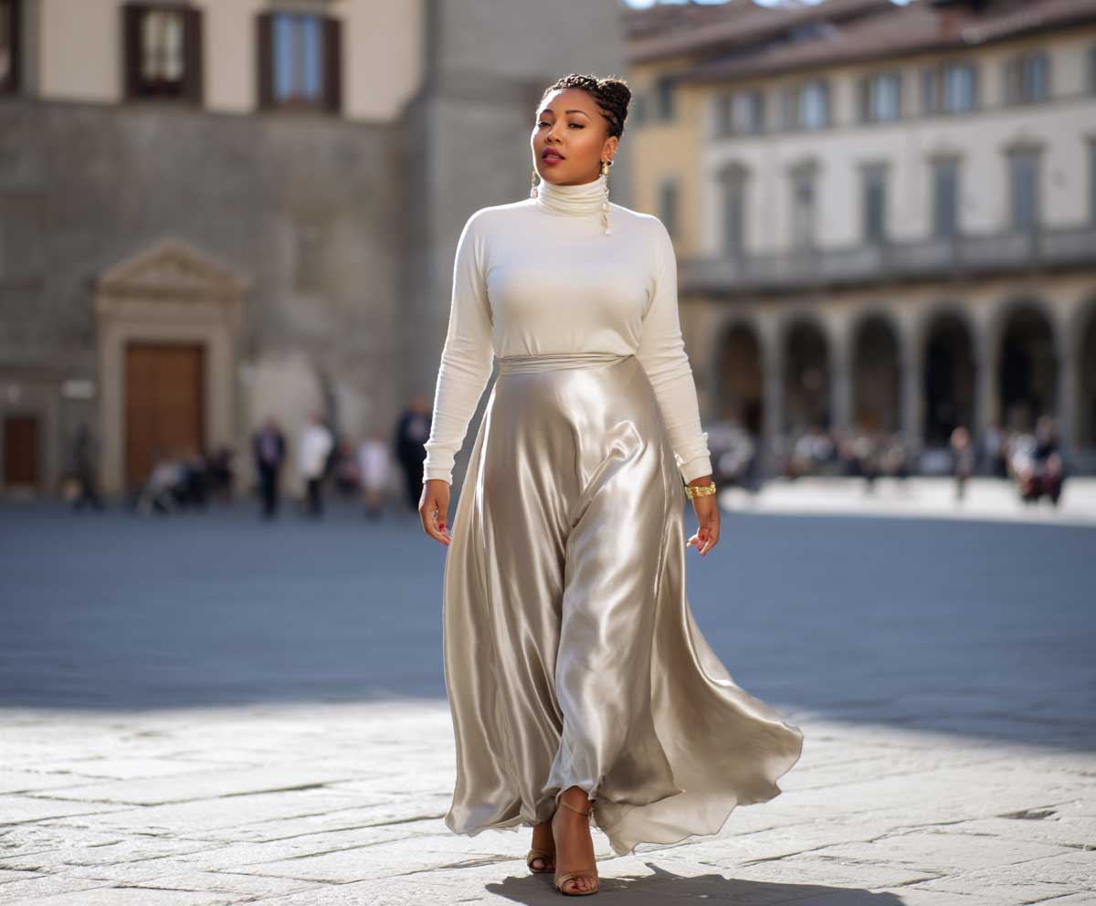 plus size woman in a champagne satin skirt and a cream turtleneck top, walking through a historic city square, soft sunlight, flowing fabric, full-length view, elegant modern outfit