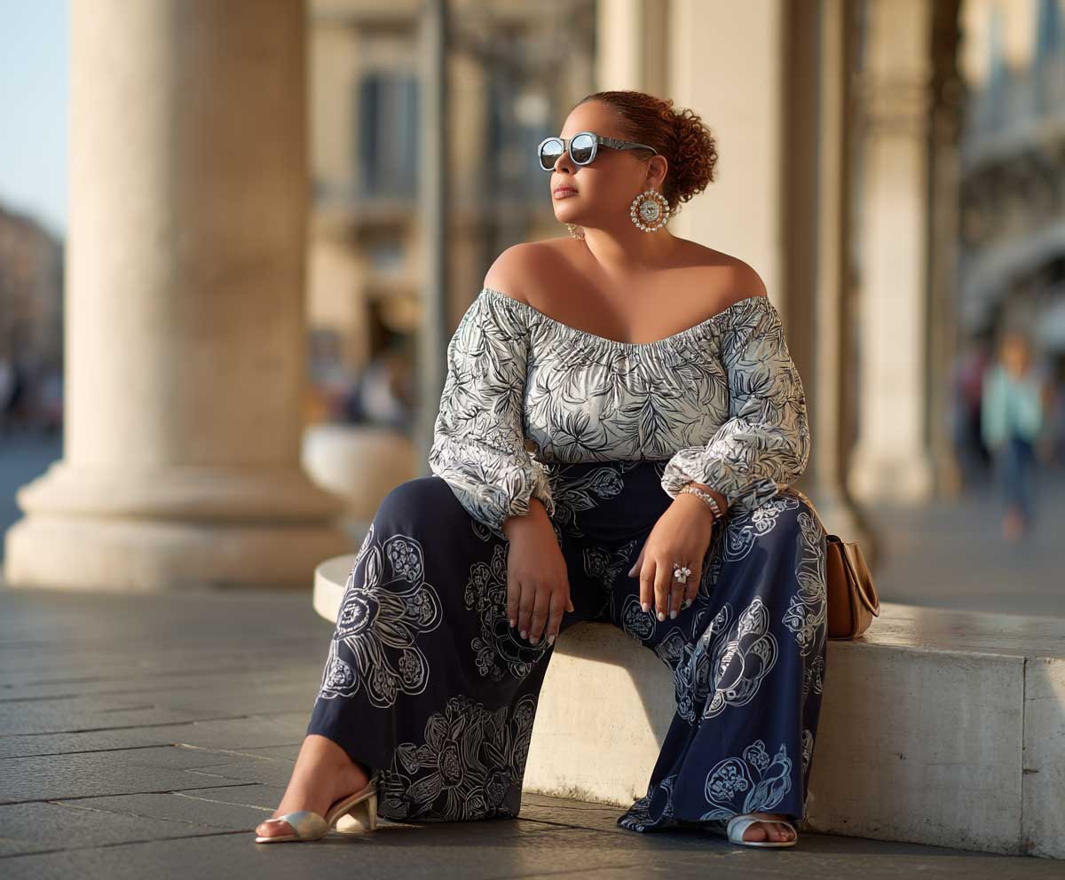 plus size woman wearing navy palazzo pants and a floral off shoulder blouse, sitting on a cafe terrace, late afternoon sunlight, soft shadows, elegant casual style, full body view