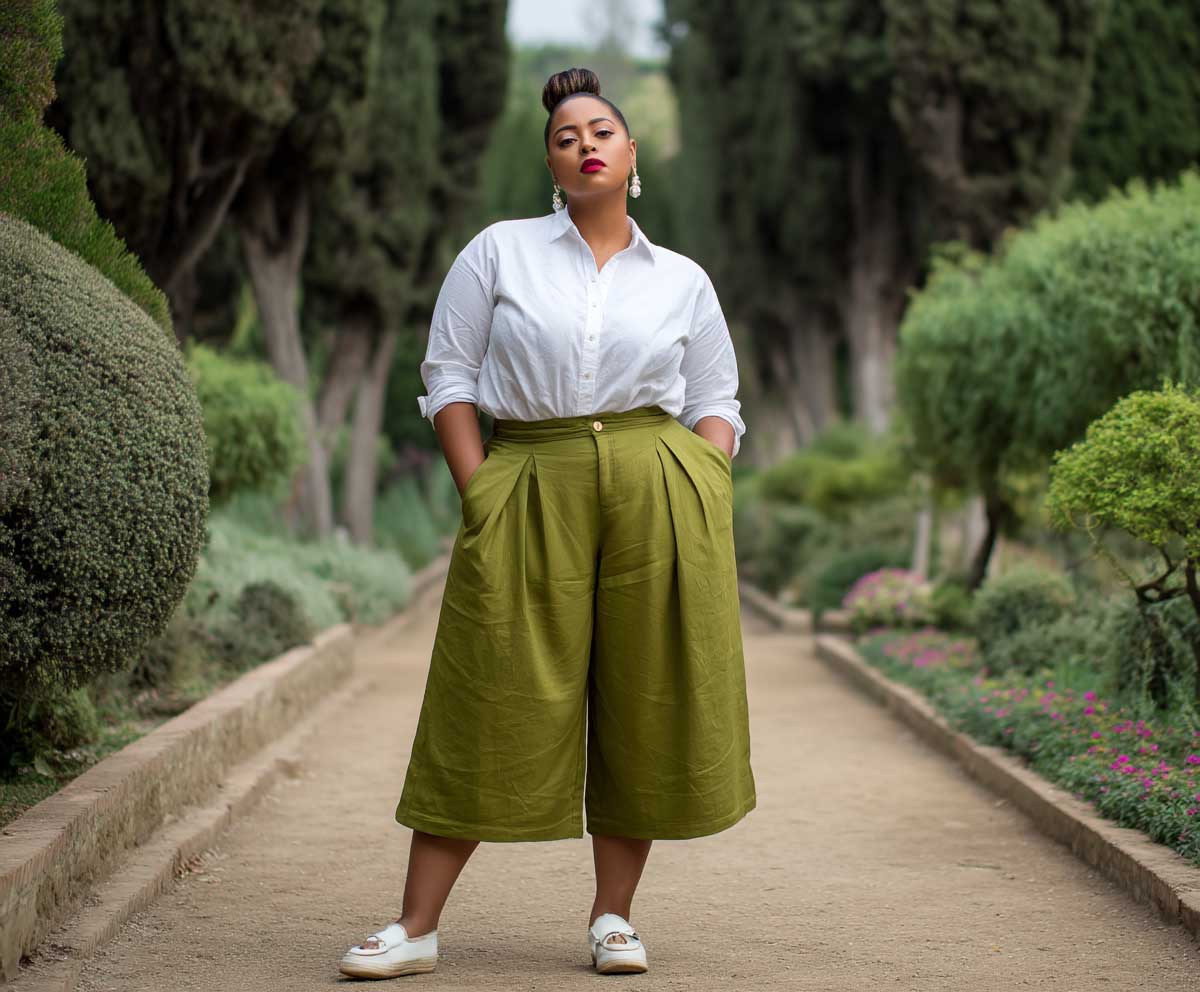 plus size woman wearing olive green culottes and a white button up shirt, standing in a botanical garden, soft natural light, stylish and relaxed, full length outfit photo, serene and elegant vibe