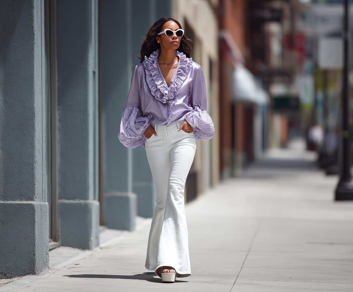 full-length photo of a stylish woman in a ruffled lavender satin blouse and white flared denim jeans, platform sandals, walking on an urban sidewalk, candid daylight fashion photography