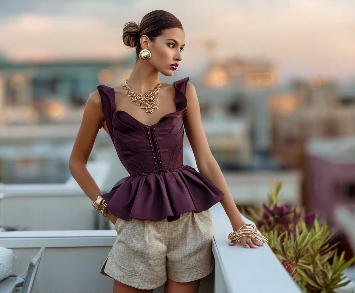 editorial fashion image of a model wearing an eggplant-colored peplum top and beige tailored shorts, gold accessories, city rooftop background, sunset lighting, chic styling