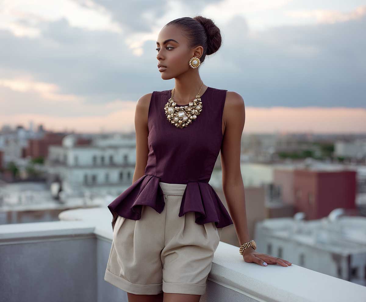 editorial fashion image of a model wearing an eggplant-colored peplum top and beige tailored shorts, gold accessories, city rooftop background, sunset lighting, chic styling