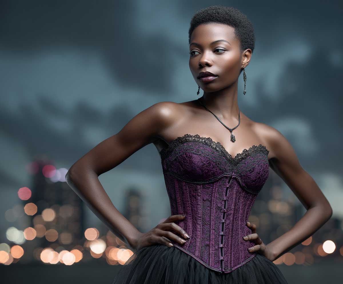 editorial photo of a model wearing a plum lace corset and black midi tulle skirt, nighttime city background, dramatic lighting, confident stance, stylish dark aesthetic