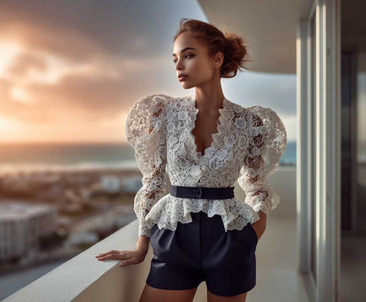 fashion photo of a model in an orchid lace peplum top and navy high-waisted shorts, standing near coastal balcony, sunset sky, soft waves in the distance, glowing light
