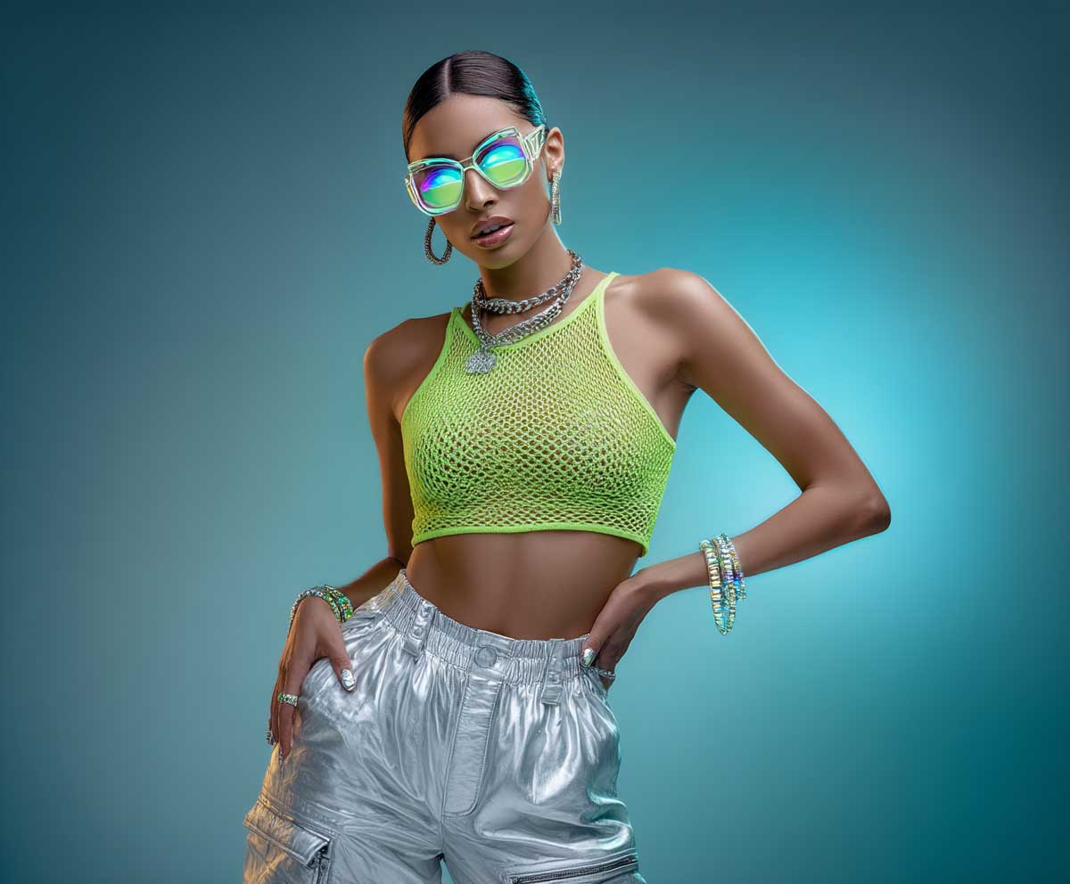 full-body photo of a model at a rave, wearing a lime green neon mesh crop top and high-waisted silver cargo pants, holographic accessories, futuristic LED makeup, glowing background, dynamic pose, studio lighting, fashion editorial style