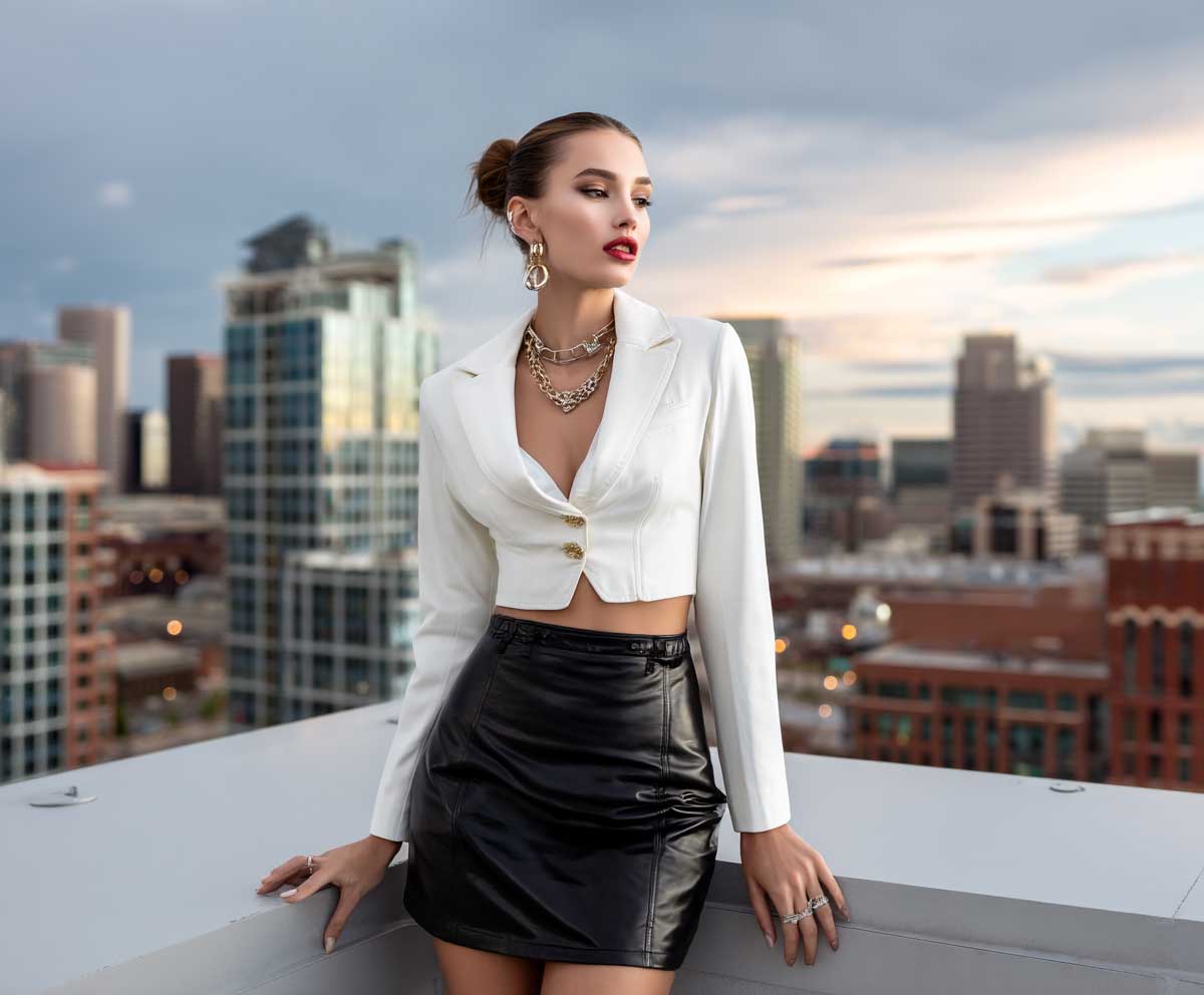 female model in white cropped blazer and black faux leather mini skirt, city rooftop background, soft evening lighting, confident standing pose, full body fashion image, high contrast styling