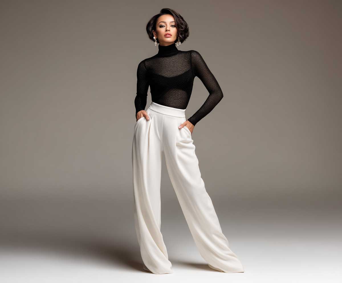 fashion model in black semi-sheer long sleeve bodysuit and ivory wide leg trousers, soft studio lighting, neutral background, elegant standing pose, modern styling, full length image