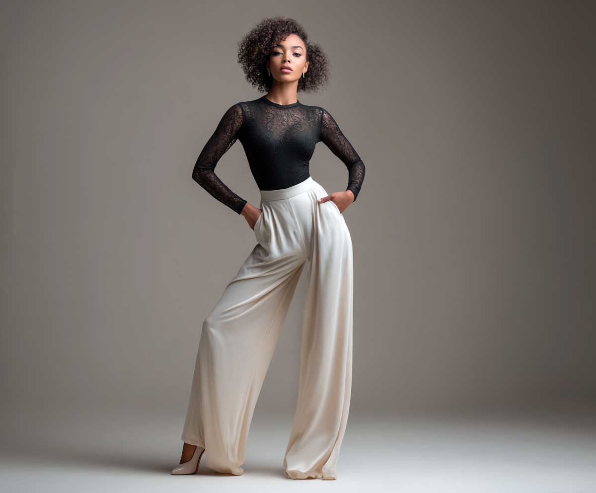 fashion model in black semi-sheer long sleeve bodysuit and ivory wide leg trousers, soft studio lighting, neutral background, elegant standing pose, modern styling, full length image