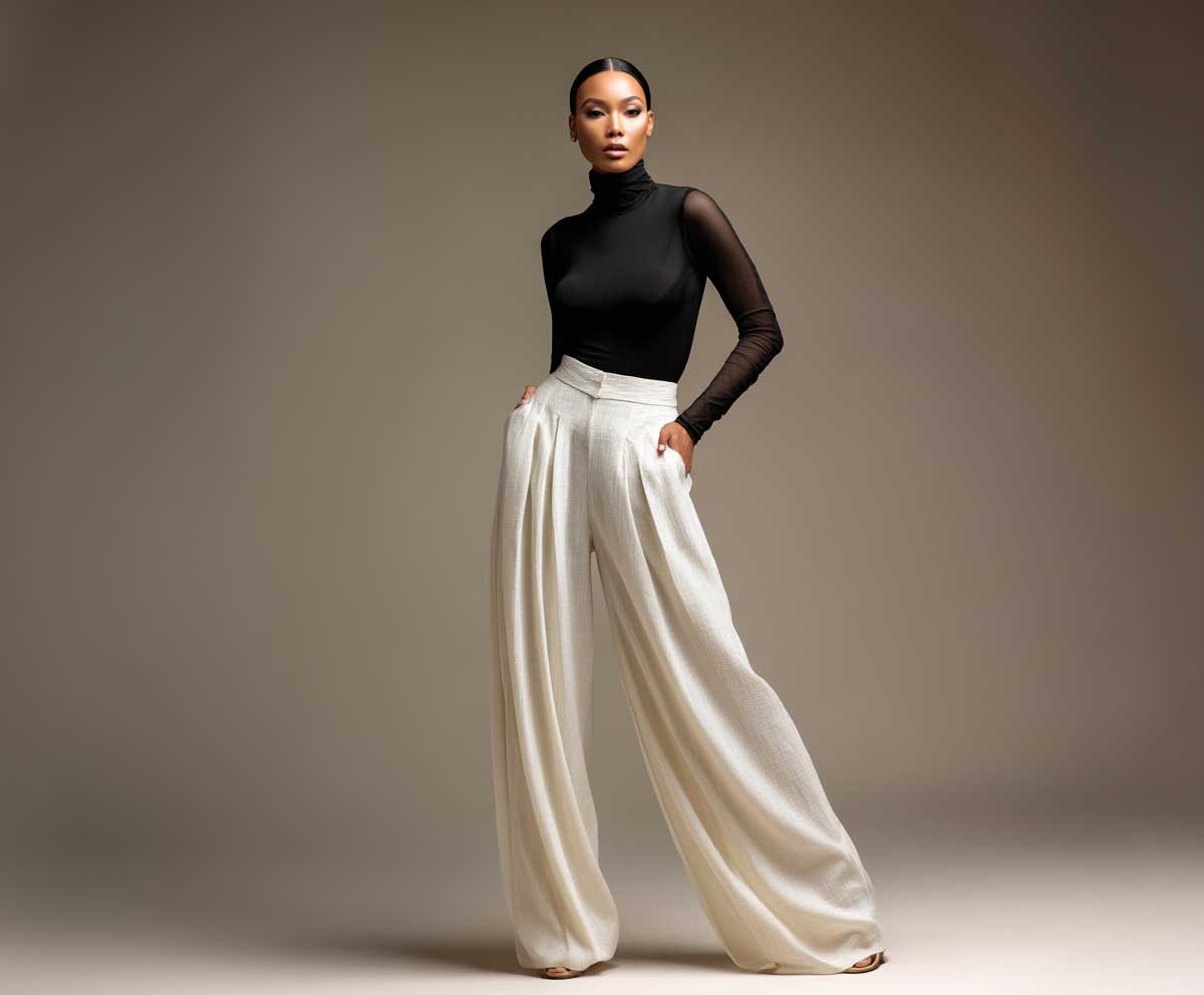 fashion model in black semi-sheer long sleeve bodysuit and ivory wide leg trousers, soft studio lighting, neutral background, elegant standing pose, modern styling, full length image
