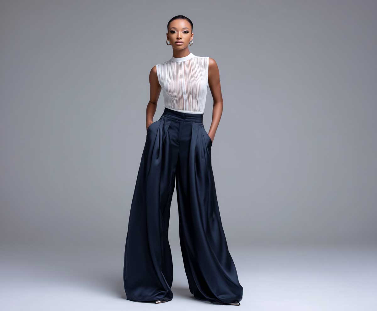 model in white bodysuit with sheer panel details and navy satin wide leg trousers, polished studio lighting, minimal backdrop, soft posture, fashion-forward styling, full length view